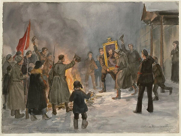 Soldiers burning paintings (from the series of watercolors Russian revolution) - Oeuvre de Ivan Alexeyevich Vladimirov (1869-1947) - 1917 - Watercolour on paper - 25, 7x34, 5 - Private Collection
