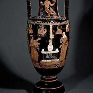 Bell-shaped neck-amphora with red figures showing the birth of Helen