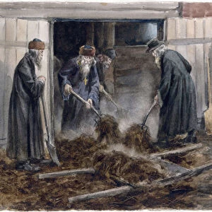 Le clerge russe pelletant le fumier - Russian clergy shoveling hay: September 1918 (from the series of watercolors Russian revolution) - Vladimirov, Ivan Alexeyevich (1869-1947) - 1918 - Watercolour on paper - 25, 8x34, 3 - Private Collection