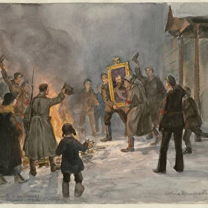Soldiers burning paintings (from the series of watercolors Russian revolution) - Oeuvre de Ivan Alexeyevich Vladimirov (1869-1947) - 1917 - Watercolour on paper - 25, 7x34, 5 - Private Collection
